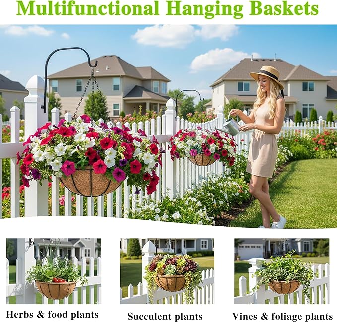 Metal Hanging Planters Basket Set of 4 Hanging Flower Pots 10 Inch Chain Round Wire Plant Holder with Coco Coir Liner Garden Watering Hanging Baskets for Patio Garden Outdoor1