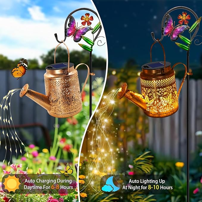 Solar Powered Butterfly Watering Can Lights Waterproof Outdoor Garden Decor with Shepherd Hook Hanging Patio Lights for Yard, Porch, Backyard Perfect Gardening & Christmas Gift for Women, Mom, Grandma