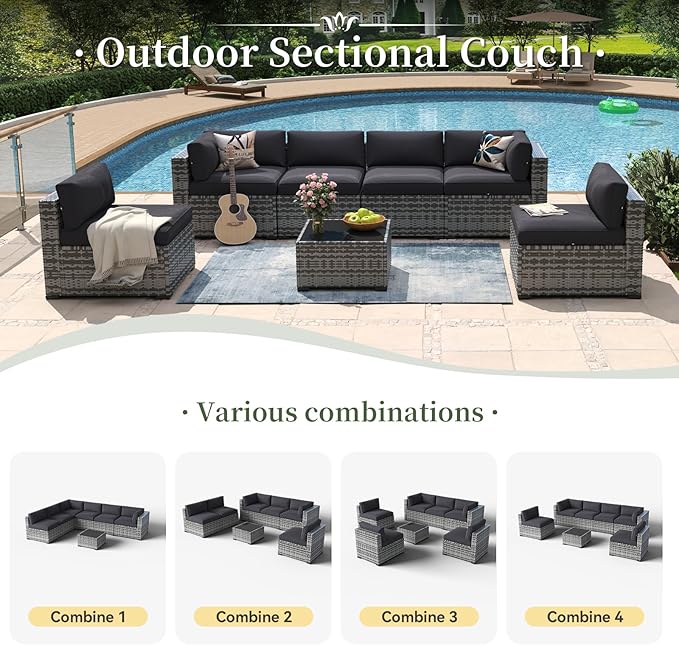 Aoxun 7 Piece Patio Furniture Set Wicker Rattan Patio Conversation Set Outdoor Sectional Sofa Set with Coffee Table and Thickened Cushions, Grey/Black(Waterproof Cover Included)
