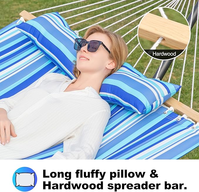 Double Quilted Fabric Tree Hammock with Spreader Bar, 12ft Hammocks 2 Person for Outside, Fits 11ft -13ft Hammock Stand, Large Pillow, Side Pocket & Carabiner, Max 475 lbs Capacity (Ocean Blue)