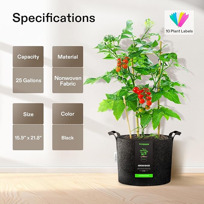 VIVOSUN 5-Pack 25 Gallon Plant Grow Bags, Heavy Duty Thickened Nonwoven Fabric Pots with Handles