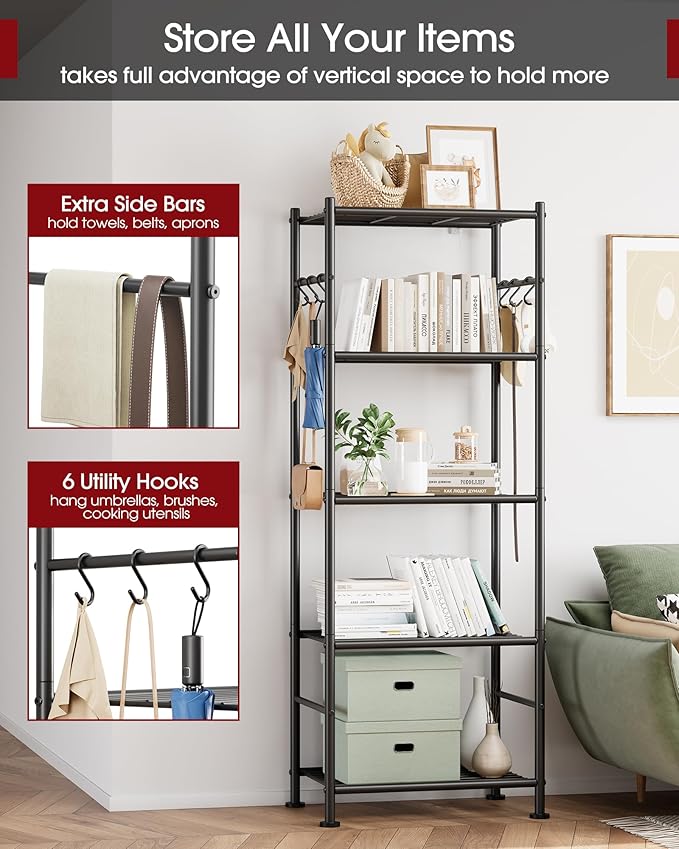 Storage Shelves - 5-Tier Large Capacity Shelf Organizer with Hooks, Heavy-Duty Garage Shelving with Leveling Feet, Wobble-Free Rack for Bedroom, Balcony, Garage, 18.1"×12.4"×56.8", Black