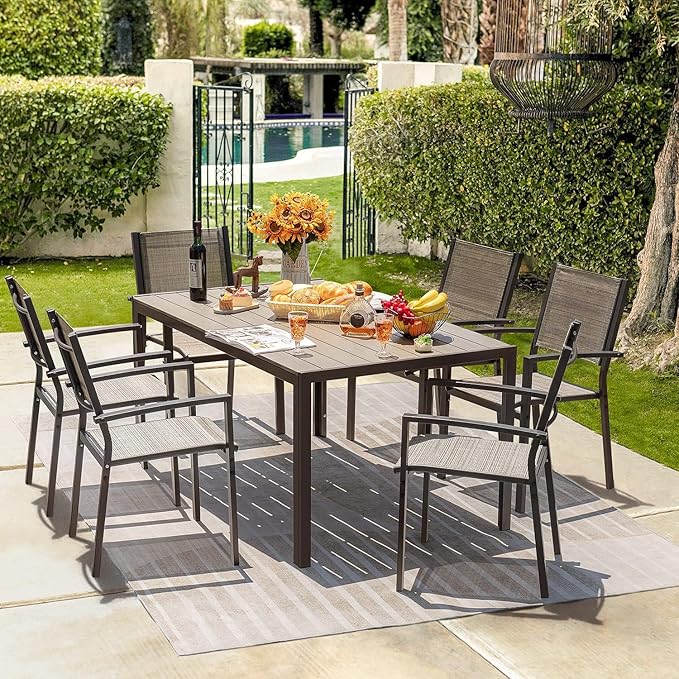 Homall Patio Dining Set 7 Pieces Outdoor Furniture with Large Table and 6 Textilene Chairs for Porch, Poolside, Yard and Garden, Brown
