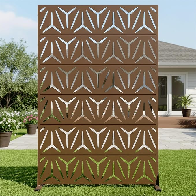 Casaphoria Metal Privacy Screen Outdoor, 72" H x 47" W Freestanding Decorative Privacy Screen for Patio Deck Balcony Garden with Stable Base, Brown Star