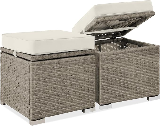 Best Choice Products Set of 2 Wicker Ottomans, Multipurpose Outdoor Furniture for Patio, Backyard, Additional Seating, Footrest, Side Table w/Storage, Removable Cushions - White Sand/Taupe