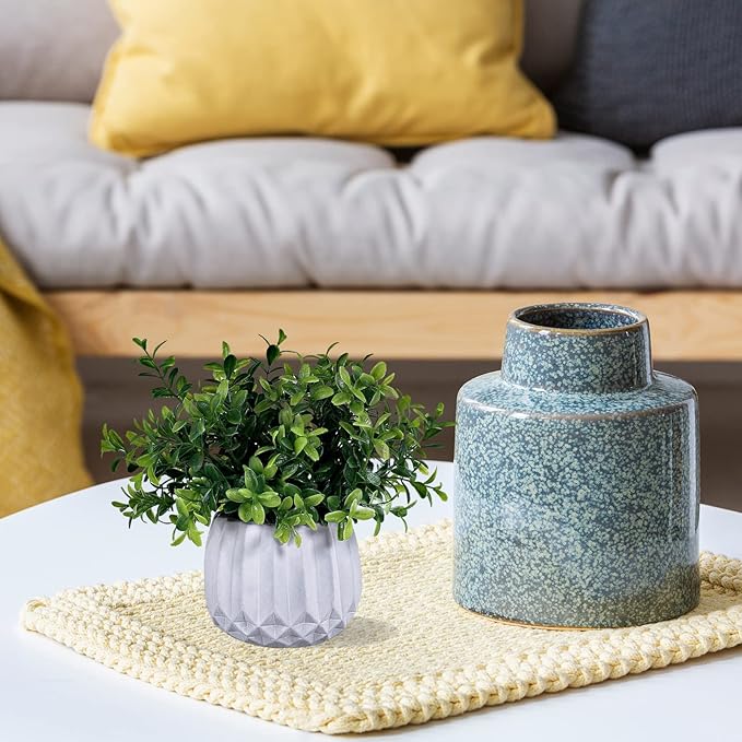 Winlyn 3 Pcs Faux Potted Plants Set - Artificial Eucalyptus, Rosemary, Boxwood Greenery in Small White Geometric Planters for Indoor Outdoor Desk Table Centerpiece Shelf Windowsill Home Office Decor