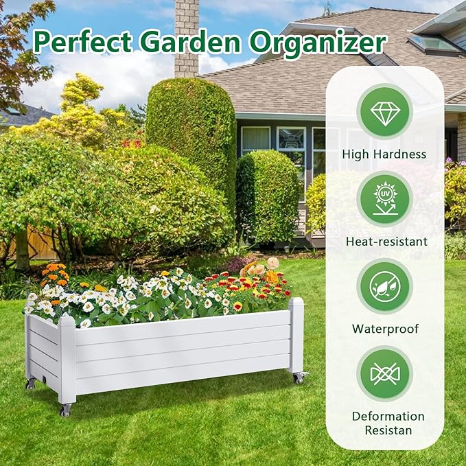 Raised Garden Bed with Wheels, 21 Gallon Self-Watering Outdoor Raised Planter Box with Drainage Plug & Gauge for Vegetables Flowers Herbs, Rustproof Resin for Backyard Patio Porch (Ashen)