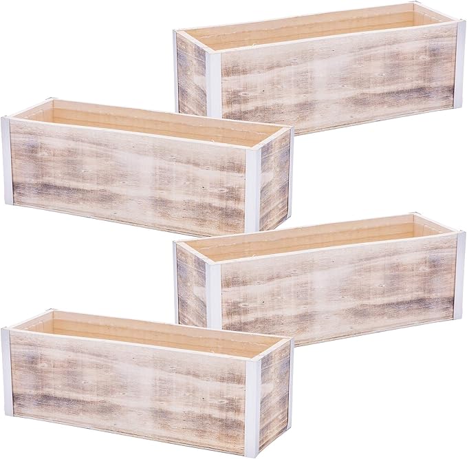 Wood Planter Box with Tin Style, 12x4 Inch Rectangular, Whitewash, Plastic Liner, Garden Centerpiece Display, Wedding Flowers Holder, Home and Venue Decor (12x4 w/ Tin Set of 4, Whitewash)