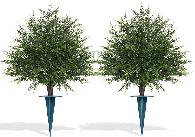 Artificial Cypress Topiary Bushes with Spike, 2 Pack Faux UV Resistant Cedar Ball Trees for Outdoor Planters, Fake Shrubs Plants for Porch Garden Decor