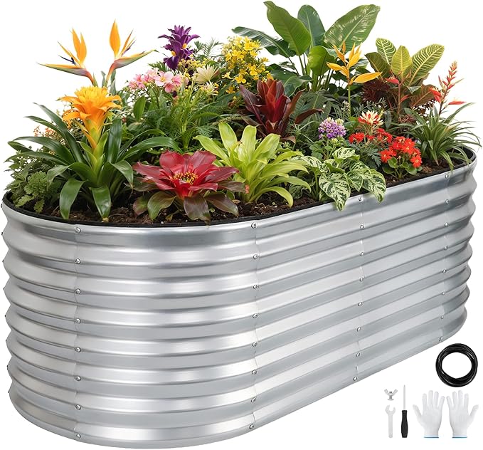 Galvanized Raised Garden Bed Outdoor 24'' Deep | Oval Metal Garden Beds with Easy Assembly & Planter Box for Planting Deep Root Vegetables Fruits Flowers, 4x2x2ft Silver
