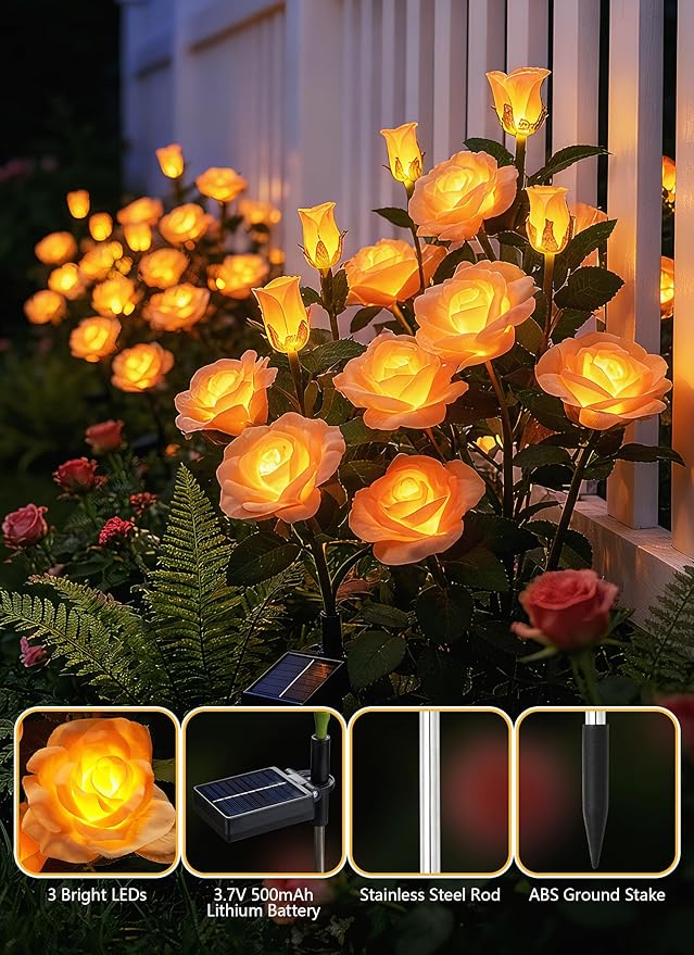 Brightown Outdoor Solar Flower Lights, 4 Pack Solar Garden Light with Larger & More Realistic Champagne Rose, Bigger Solar Panel, Waterproof Solar Lights Outdoor for Yard Garden Lawn Pathway Decor