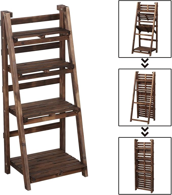 Yaheetech Foldable Ladder Shelf Wooden Plant Stand Indoor Outdoor Shelves No Assembly Flower Display Multi-Functional Shelves Outdoor Storage Shelf for Living Room/Garden/Office/Kitchen Brown