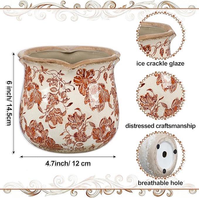 6 Inch Ceramic Plants Pots Vintage Ceramic Flower Planters Crackle Glaze Finish Flower Pots Decorative Floral Vintage Planters for Living Room Garden Home Decor Gifts(Fresh)