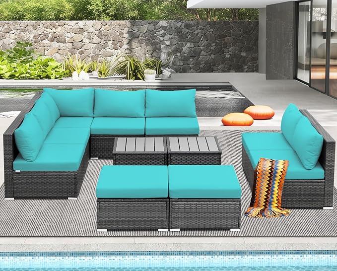 NICESOUL 11 Piece L Shaped Outdoor Conversation Set, 29.3'' High Back Comfy Wicker Patio Sectionals, Large Size Wide & Deep Seat Sofa Couches, 9 Seater Modern Furniture, 2 Color Cushion Teal & Gray