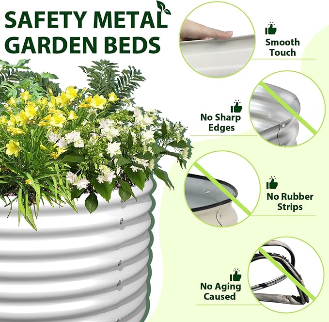A ANLEOLIFE 8-Set 8X4X2 ft Galvanized Raised Garden Bed Kit, Oval Metal Deep Root Planters for Outdoor Plants, Antique White