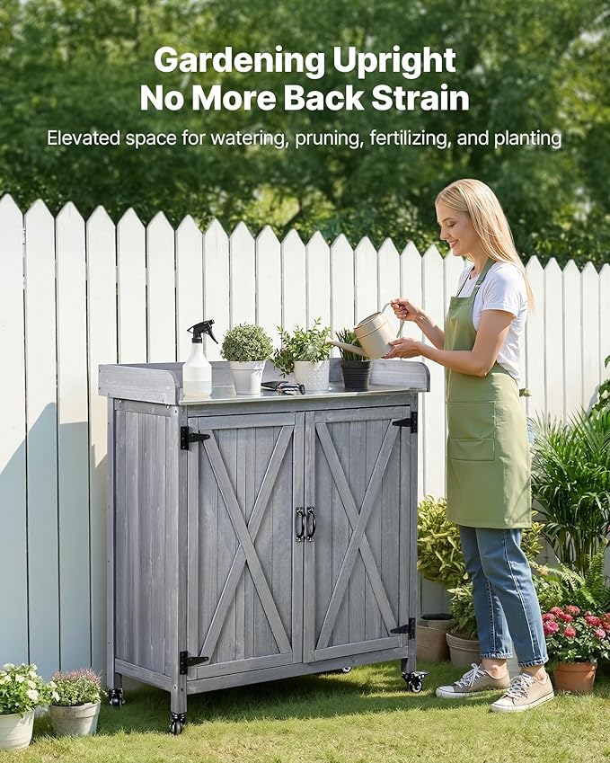 VEVOR Potting Bench Table, Outdoor Gardening Wooden Storage Cabinet with 36 x 16 in Galvanized Iron Tabletop, Garden Planting Workstation with Large Storage Space, 4 Casters for Patio, Backyard, Gray