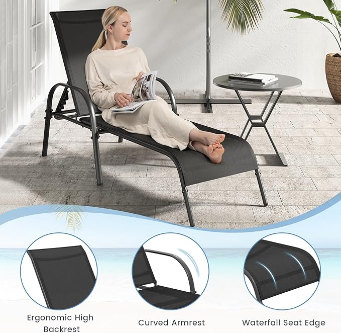Giantex Patio Lounge Chair, Outdoor Chaise Lounge with 5 Adjustable Backrest, Sturdy Steel Frame, Sunbathing Recliner, Beach Chair, Tanning Chair for Outside, Yard, Balcony, Pool Chairs, Black