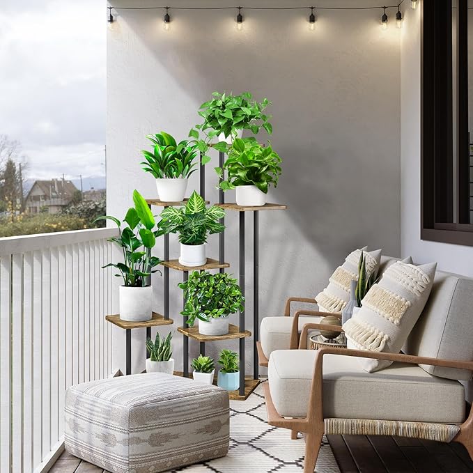 7 Tier Plant Stand Indoor, Thickened Metal Wood Corner Plant Shelf Stands for Multiple Plants, Indoor Tall Plants Stand Tiered Flower Holder for Living Room Patio Garden Balcony(Black+Brown)