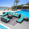 NICESOUL 11 Piece Patio Furniture Set with Fire Pit Table Natural Gas/Propane, 29.3'' High Back Large Outdoor Patio Sectional with Fire Pit & Chaise Lounge, Wicker Deep Seating, Turquoise & Grey