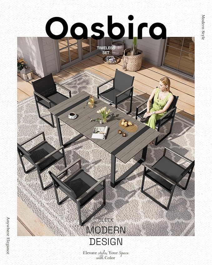 Outdoor Dining Set, HDPS + Aluminum Patio Table and Chairs Set with U-Shaped Base, 7 Piece Outdoor Furniture Set with Umbrella Hole, Patio Dining Table Set for Garden, Backyard (Gray)