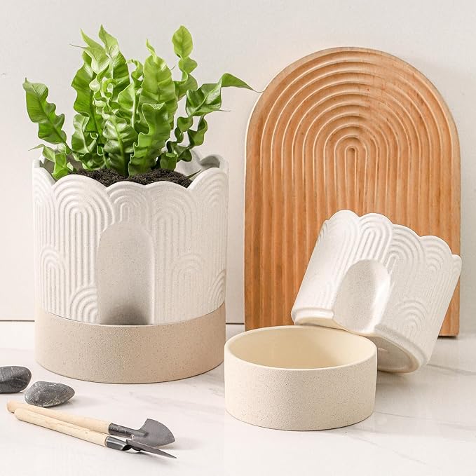 Nihow Self Watering Plant Pot: 6 Inch Ceramic Planter with Drainage Hole & Water Storage Plus - Relief Design Self Watering Pot for Indoor Plants - Beige & Nature Flower Pot