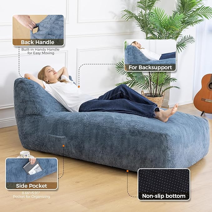 Giant Bean Bag Lounger Chair for Adults with Soft & Cozy Plush Fabric,Memory Foam Filled Beanbag Chair for Family Living Room,Bedroom and Game Room (Bluegrey)