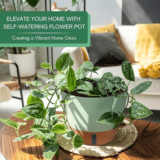 montresor 2 Pack 8 inch Plant Pots, PP Plastic Self Watering Plant Pot with Drainage and Tray for Indoor Outdoor Plants, Water Level Window & Reservoir Flower Pots Decorative Planter (Green)