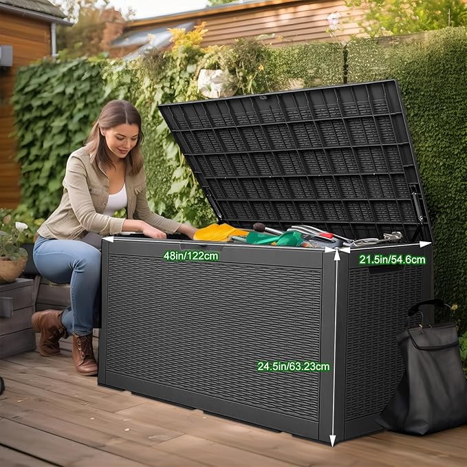 100 Gallon Outdoor Deck Box, Lockable Waterproof Outdoor Storage Boxes For Garden Tools,Indoor Cushions,Accessories Outside Storage Resin Weatherproof Container(Black)