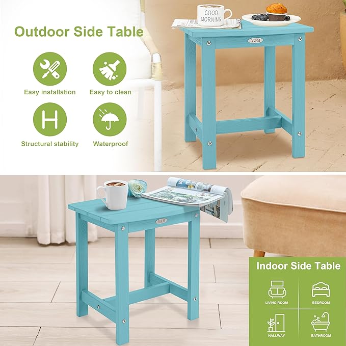 Y&M Outdoor Side Table, HIPS Adirondack Small Single Table, Waterproof Square Outside Table, Balcony Modern End Tables for Patio, Pool, Beach, Porch, Deck, Indoor or Outdoor Use, Light Blue