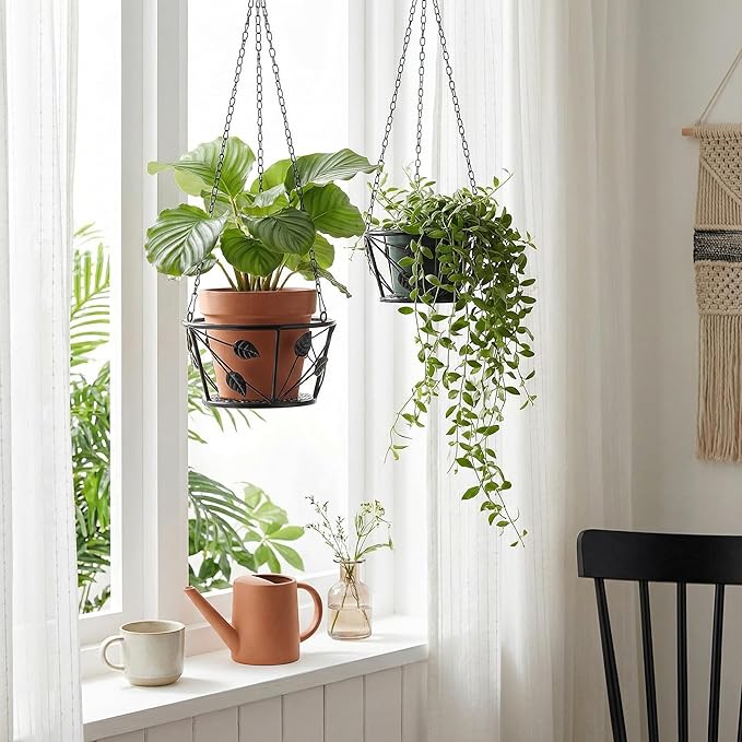 Goaste 2 Pack Metal Plant Hanger, Hanging Plant Holder with Ceiling Hook, Modern Plant Hanging Basket, Decorative Planter Flower Pots Shelf for Indoor Outdoor Use, Home Decor