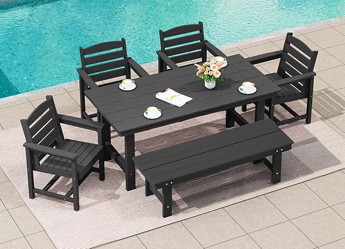 SERWALL Patio Dining Table and Bench Set for 6, Black