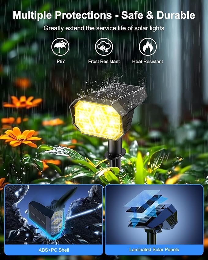 Brightown Solar Lights Outdoor with 58 LED & Auto ON/Off, IP67 Solar Spot Lights Outdoor with 3 Light Intensities. 2-in-1 Outdoor Solar Lights for Yard, Gardens, Flag and Pathways. 4Pcs (Warm White)
