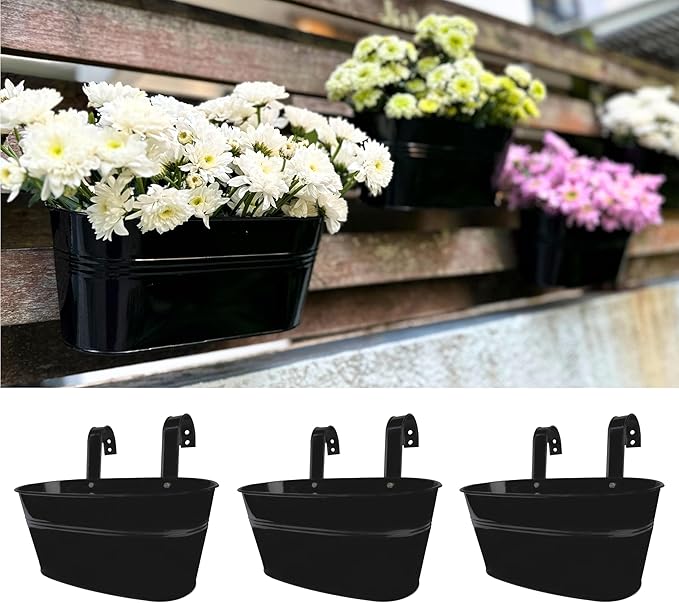 LaLaGreen Rail Planter Outdoor Plants(3 Pack, 11.8 Inch) Black Metal Iron Hanging Flower Pots Deck Railings Fence Buckets Modern Countryside Boho Style Wall Mount Window Box Plant Holder Porch Decor