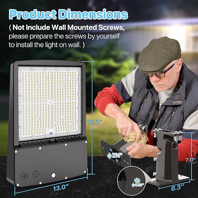 HYPERLITE Led Parking Lot Lights Outdoor 300W - UL Listed Arm & Slip Fitter 2 in 1 Wall Mount LED Flood Light - 45000lm 5000K Parking Lot Lights Commercial for Yard Street Court Driveways Stadium