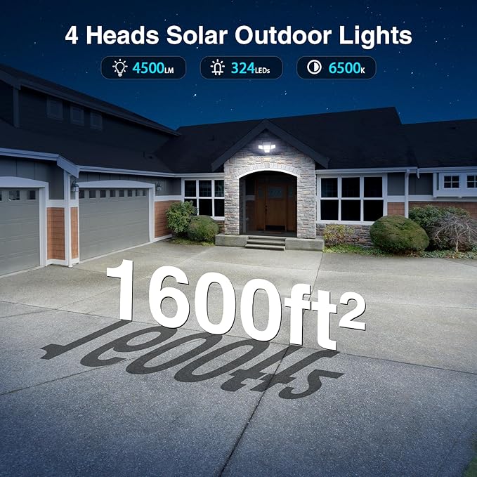4500LM Solar Lights Outdoor Waterproof, 254 LED Solar Flood Lights Outdoor with 2 Motion Sensor, 4 Heads Security Light with Remote Control for Yard Outside House Garage 2 Pack