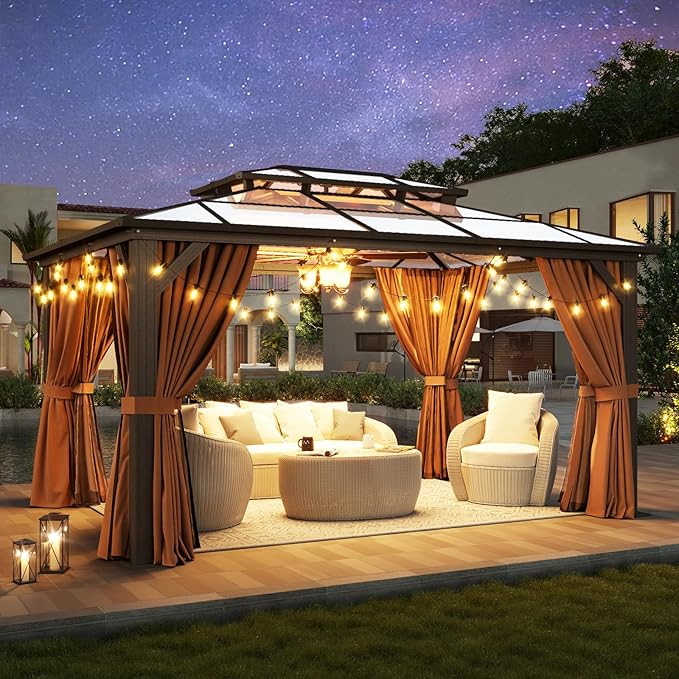 Aoxun 10'x14' Hardtop Gazebo, Aluminum Frame Permanent Pavilion with Curtains and Netting, Outdoor Polycarbonate Double Roof Canopy, for Patio, Garden, Lawn, Brown