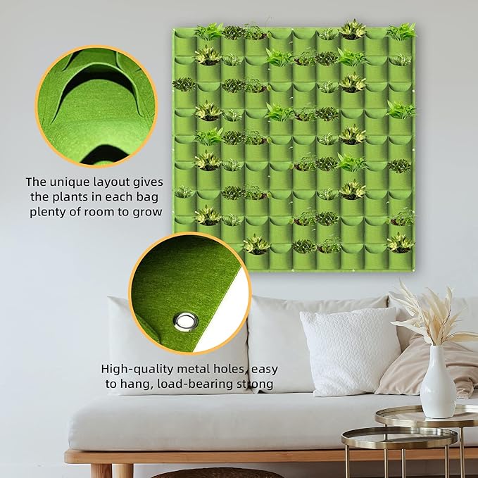 Hanging Planting Grow Bags, 90 Pockets Hanging Vertical Wall Planter Wall Mounted Grow Bag Outdoor Indoor Gardening Vertical Greening Flower Container, Planting Bags Storage Bags(1.1 m × 1.1 m, Green)