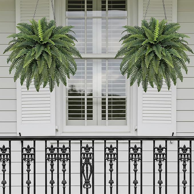 42" Artificial Boston Fern Large Bush Plants, 2 Bundles of Fake Ferns with 65 Fronds for Outdoors Home Decor