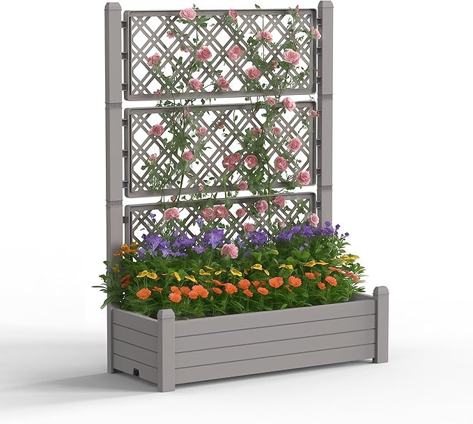 Raised Garden Bed with Trellis for Climbing Plants, 43.43" L x 18.27" W x 59.29" H Self Watering Planter Box with Drainage Holes for Outdoor Backyard Patio Balcony, Anti-Rust Resin (Grey)