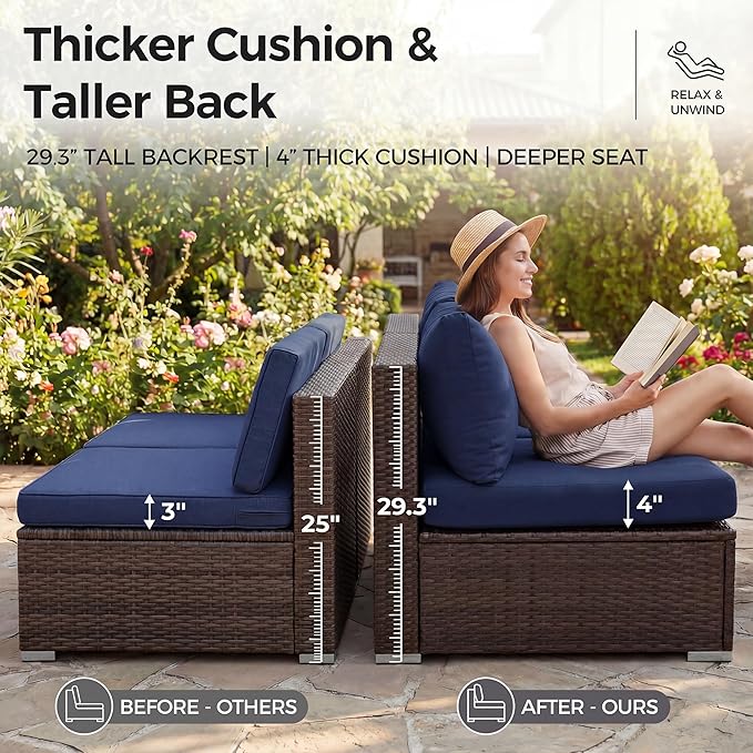 NICESOUL 8 Person Modern Deck Furniture Set, 29.3'' High Back Comfy Outdoor Sectional Sofa Set, Extra Large Wicker Patio Conversation Seating Sets for Terrace, Brown Rattan and Navy Blue Cushion