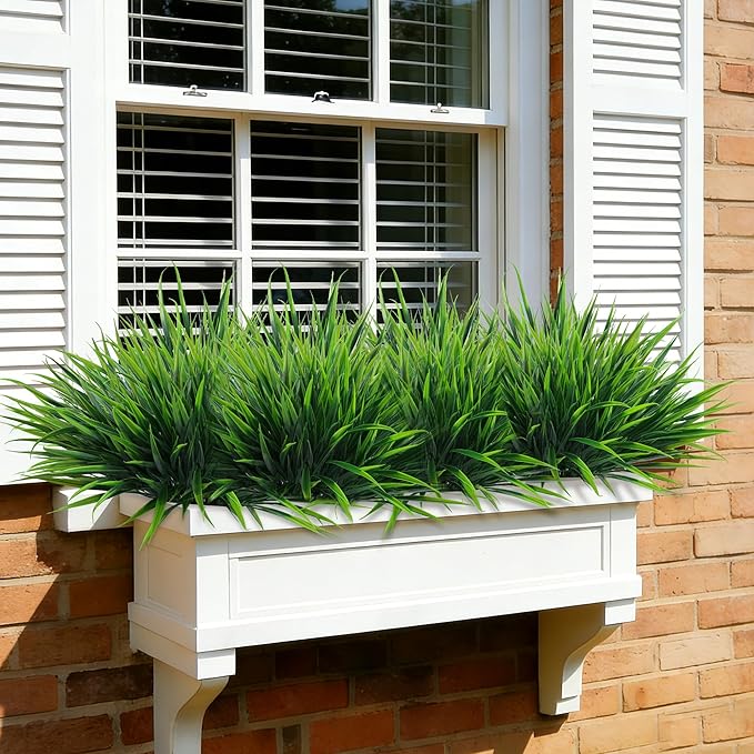 12Pcs Artificial Plants Outdoor Fake Plastic Grass Spring Decoration UV Resistant Faux Greenery Stems Bushes Outside Fake Plants for Planters Patio Porch Window Box Pathway Garden Home Decor, Green