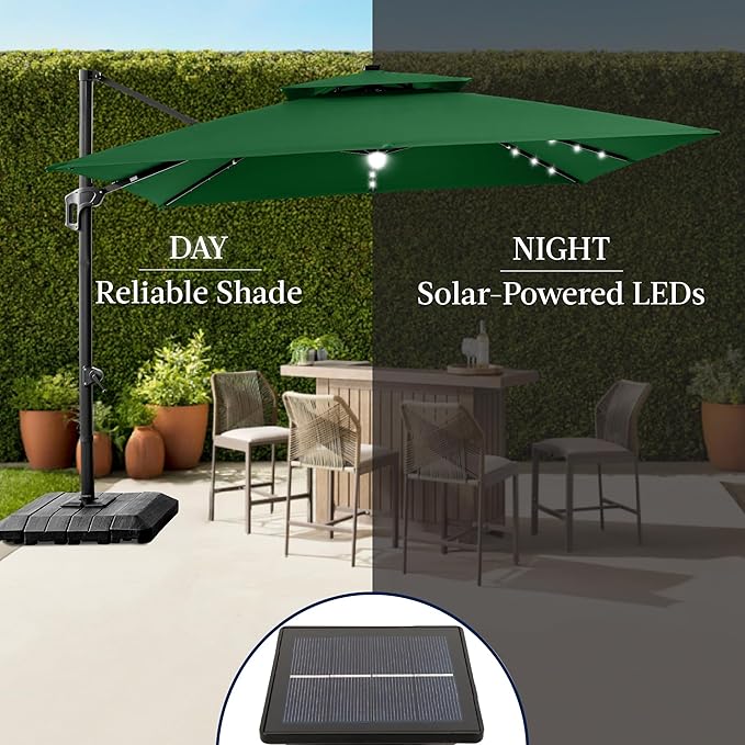 Best Choice Products 12x12ft LED Cantilever Patio Umbrella w/Base Included & 360° Rotation, Large Solar Offset Hanging Outdoor Sun Shade for Deck, Backyard Table w/Stand & Lights – Green