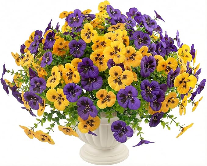 36 Pcs Artificial Fake Pansy Flowers for Outdoor, Faux UV Resistant Silk Pansies Flowers for Outside Planter Front Door Porch Yard Patio Window Box Home Decor (36, Yellow,Purple)