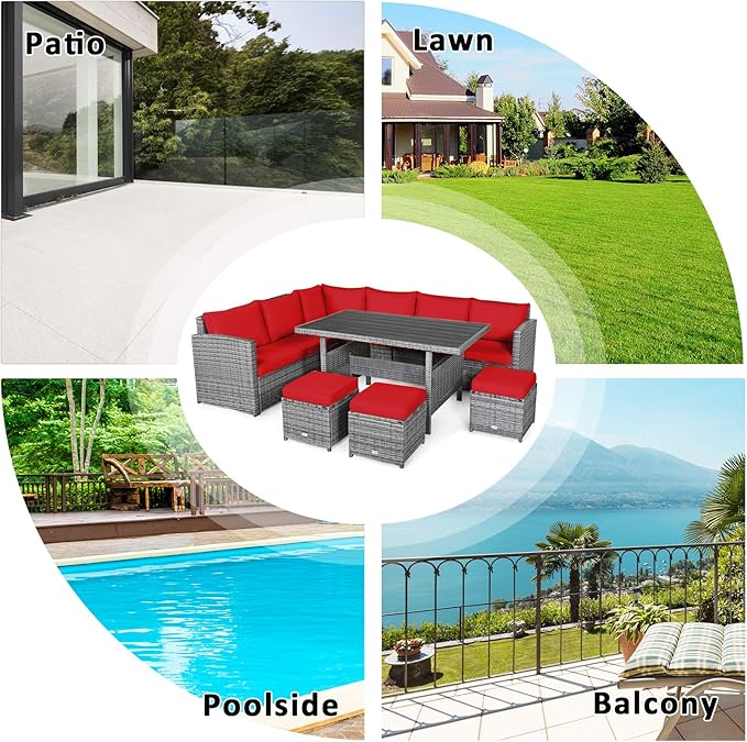 Tangkula 7 Pieces Patio Furniture Set, Outdoor Sectional Rattan Sofa Set with Cushions, All Weather Wicker Conversation Couch Set w/Dining Table & Ottomans for Backyard Garden Poolside