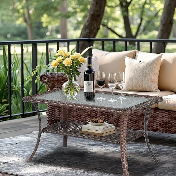 VINGLI Outdoor Coffee Table with Storage Wicker Patio Coffee Table, Tempered Glass Top Coffee Table for Patio Outside Balcony Porch Deck (Brown)