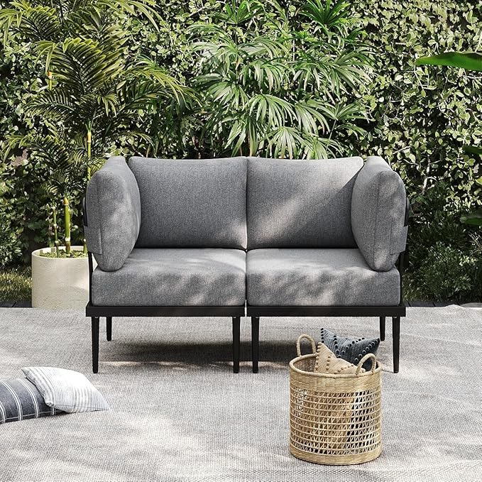 Sundale Outdoor 2 Pieces Metal Patio Furniture Set, Outdoor Sectional Sofa w/6 Inch Olefin Cushion, Modern Outdoor Conversation Sets for Porch, Balcony