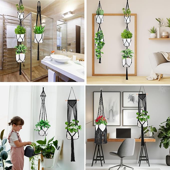 Macrame Plant Hangers, 6Pack Hanging Plant Holders Indoor w/ 6 Set Hooks Handmade Cotton Rope Plant Hangers Set Flower Pots Holder Stand Boho Home Decor Hanging Planters for Indoor Outdoor Plants