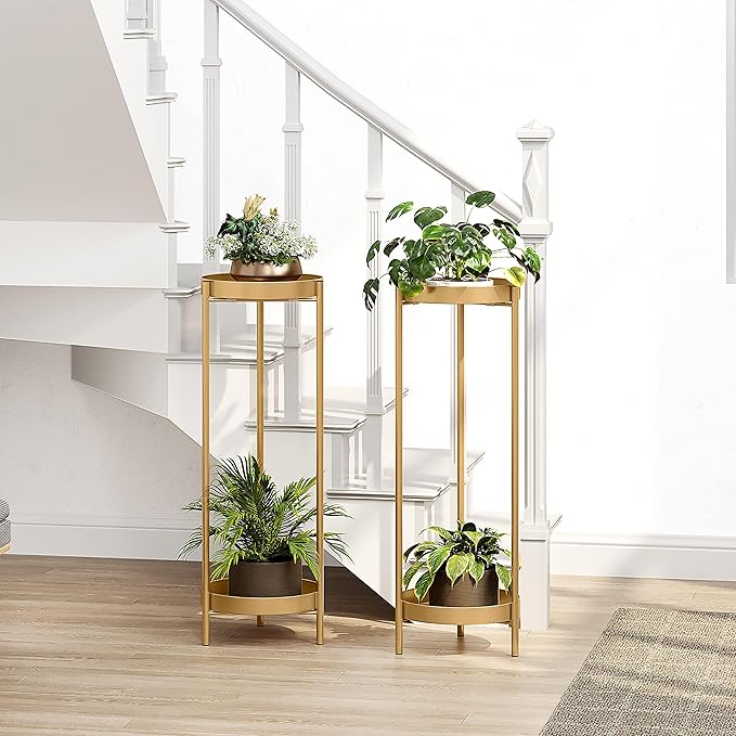 Metal Gold Tall Plant Stand Indoor or Outdoor - 30 inch 2 Tier Modern Corner Planter Shelf Rack with 2 Removable Display Shelves(10 inch) for Bedroom Living Room Balcony