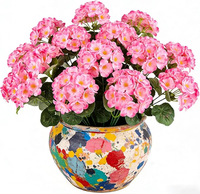 Artificial Geraniums Flowers for Outdoors, 6 Bundles Realistic Silk Fake Geranium, No Fade Faux Plants for Hanging Baskets, Window Boxes, Pots - Porch, Patio, Garden Decor(Pink)