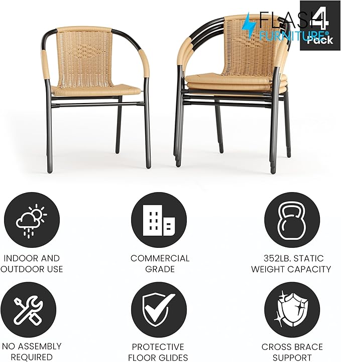 Flash Furniture Lila 4 Pack Beige Rattan Indoor-Outdoor Restaurant Stack Chair | Versatile and Stylish Seating